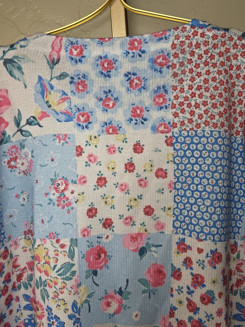 Patchwork Floral Polka Dot Oversized Button-Front Sweater Cardigan in Pink Blue - Picture 7 of 9